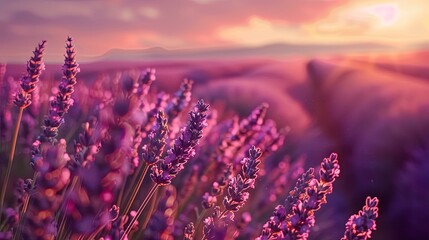 Lavender field, sunset. - obrazy, fototapety, plakaty