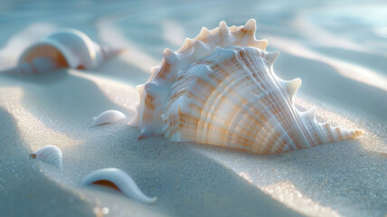 A close-up of a seashell on the beach - obrazy, fototapety, plakaty