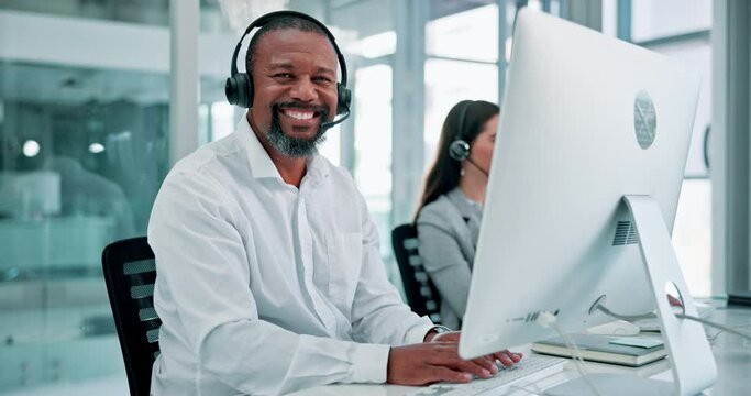 Man, face and call centre agent by computer for consulting, telemarketer and insurance hotline. Black person, communication and helpdesk for sales company, representative and laughing in portrait