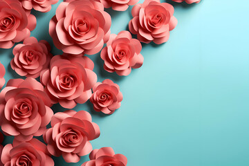 Pink roses on blue background with copy space. 3d illustration.