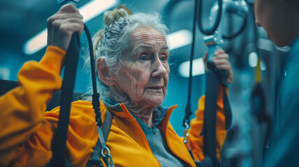 An elderly woman riding on public transport.