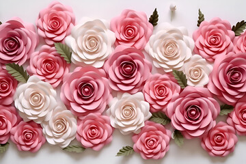 Beautiful pink and white roses on white background. Flat lay. top view.