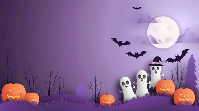 spooky halloween night scene with cartoon ghosts and jack o' lanterns