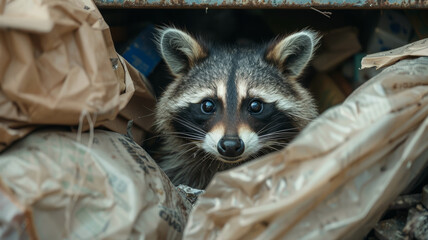 A raccoon peeking out from trash - obrazy, fototapety, plakaty