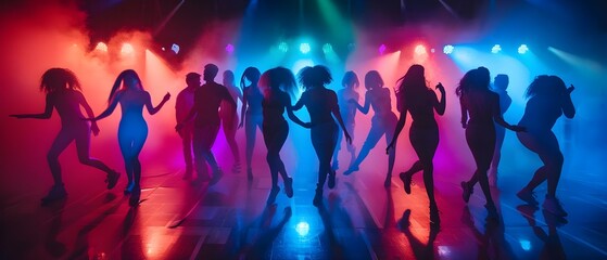 Passionate young dancers energetically move on nightclub dancefloor enjoying social gathering. Concept Nightclub Dancing, Energetic Movements, Social Gathering, Young Dancers, Passionate Expressions - obrazy, fototapety, plakaty