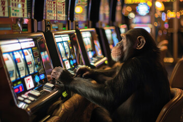A chimpanzee engaging in a game at a slot machine in a casino, seemingly curious and involved in the activity.