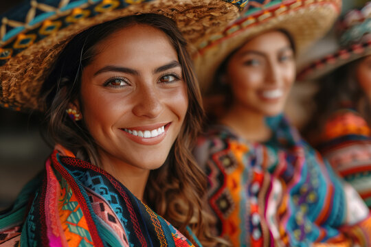 joyful Mexican friends in traditional clothing and sombreros celebrating cinco de mayo 