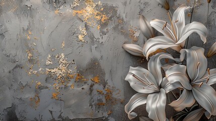 White lilies on an old concrete wall with gold elements. - obrazy, fototapety, plakaty