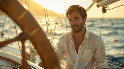 Young bearded man steering a yacht at sunset