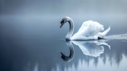 white swan swimming on silent calm blue grey foggy water

