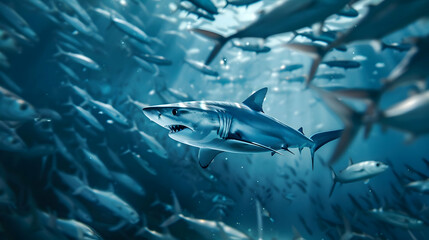 An agile mako shark darting through a school of shimmering fish, its streamlined form contrasting...