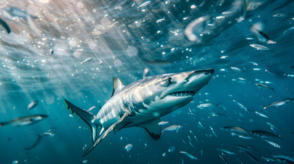 Fototapeta premium An agile mako shark darting through a school of shimmering fish, its streamlined form contrasting against the abstract patterns of light and shadow, with copy space