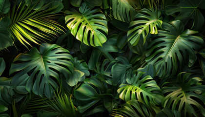 Fototapeta na wymiar dense tropical green monstera leaves pattern for natural background