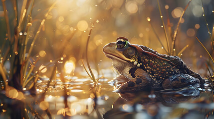 An alert toad sitting amidst tall grasses near a bubbling stream, with copy space and a blurred...