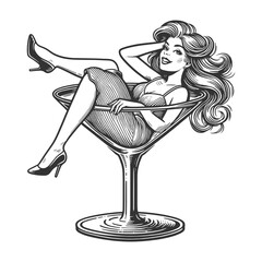 smiling pin up girl in martini glass, reminiscent of classic 1950s style sketch engraving generative ai fictional character vector illustration. Scratch board imitation. Black and white image. - obrazy, fototapety, plakaty