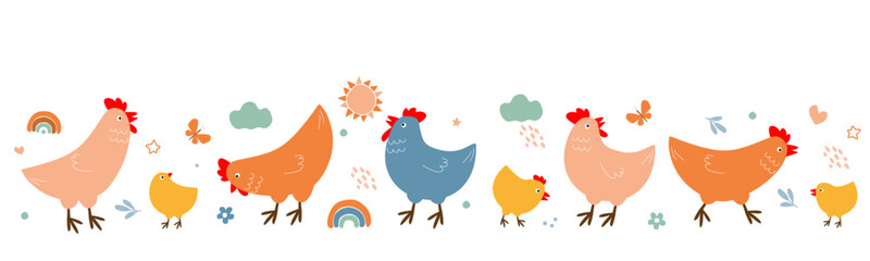Set of cute abstract hens with chicks and abstract elements, sun, flowers, butterflies. Vector graphics.