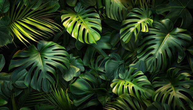 dense tropical green monstera leaves pattern for natural background