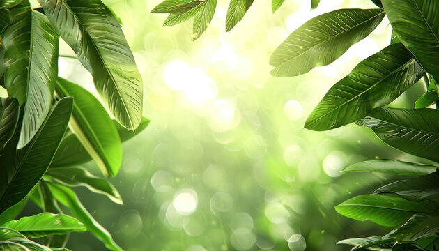 vibrant tropical green leaves with sunlight for a fresh background