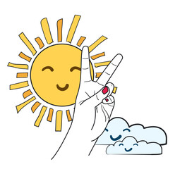 Victory gesture on background of smiling sun and clouds, simple vector illustration