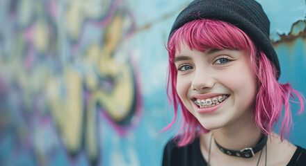 Beautiful happy teenage girl with pink punk hair, hat and smile with teeth braces, copy space on urban city graffiti background