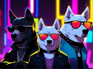 Illustration of three stylish dogs wearing sunglasses and black jackets posing with serious behavior on neon background. Generative AI