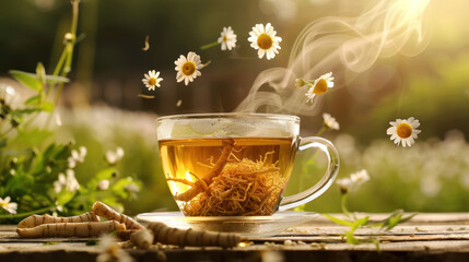 steaming herbal tea with ginseng roots floating and daisies on wooden background