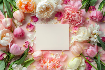 flat lay of spring flowers and blank card for invitation on a pastel pink background, for mother's day or wedding