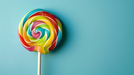 colorful curled, ringed swirl lollipop on a stick on pastel colored light blue background with empty space for text