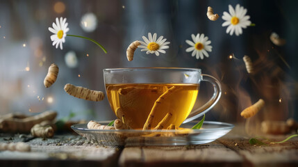steaming herbal tea with ginseng roots floating and daisies on wooden background - obrazy, fototapety, plakaty