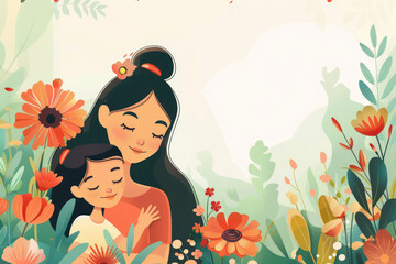 affectionate mother and daughter sharing a moment in a floral illustrated scene - obrazy, fototapety, plakaty