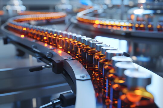 A row of bottles with a liquid in them in a factory on a machine belt ready for labeling