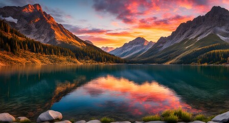 Serene mountain lake during sunset, with the sun setting behind the jagged peaks, casting a warm orange glow over the landscape. Generative AI
 - Powered by Adobe
