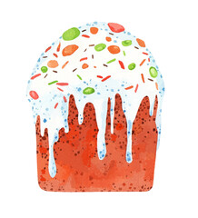Easter cake with icing. Watercolor illustration, poster.