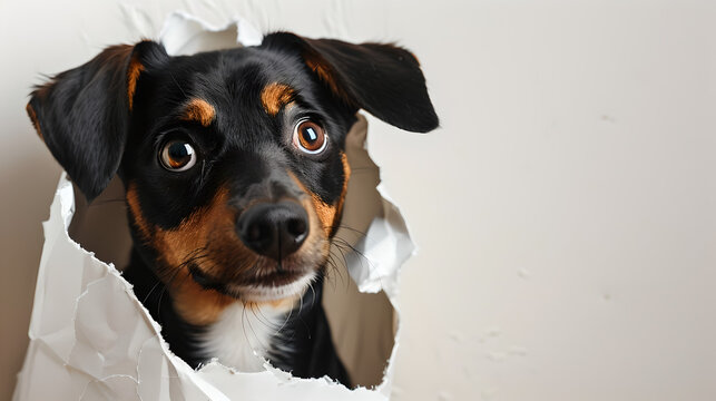 dog head looking through torn hole in white paper