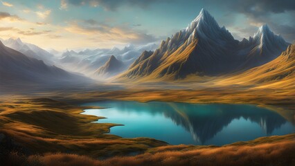 Serene mountain lake during sunset, with the sun setting behind the jagged peaks, casting a warm orange glow over the landscape. Generative AI
