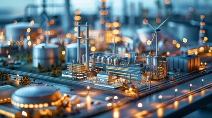 A high-tech facility for renewable energy research, with miniature models of wind turbines and solar panels. Concept of sustainability in renewable energy. Generative ai