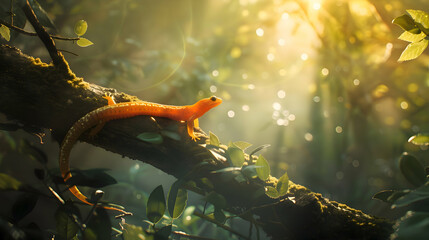 An enchanting scene of a newt gracefully climbing a weathered branch, set against a dreamy forest...
