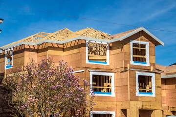 Construction of a new private wooden house in a residential area of Richmond City, Vancouver, Canada
