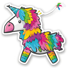 Colorful Piñata Unicorn Sticker with Vibrant Feathers and Party Hat