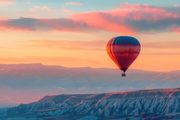 Hot Air Balloon Flight at Sunset. A Colorful Journey over the Famous Landmarks and Mountain Caves