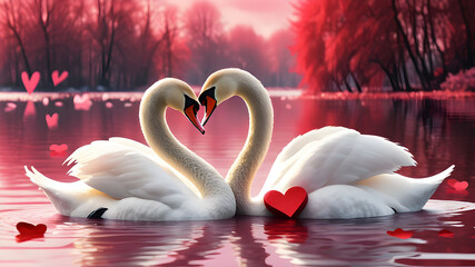 A pair of white swans in love on the lake and reflection on the water