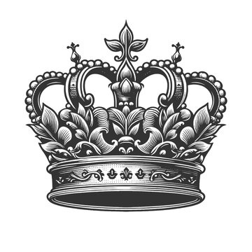 regal royal crown, intricately adorned with patterns and a cross, symbolizing royalty and heritage sketch engraving generative ai vector illustration. Scratch board imitation. Black and white image.