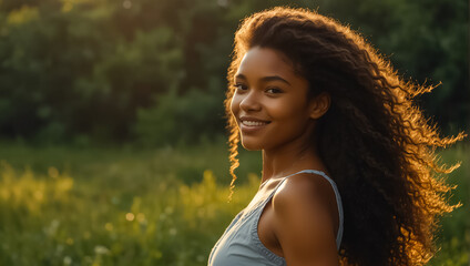 Beautiful African American girl smiling in nature