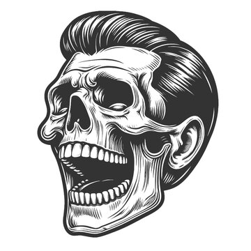 recommend clip art: skull with laughing screaming expression and a classic pompadour hairstyle sketch engraving generative ai fictional character vector illustration. Scratch board imitation. Black and white image.