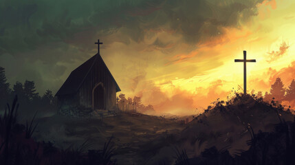 Atmospheric Landscape Featuring a Church and Cross Against a Dramatic Sunset