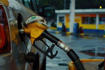 An image capturing a close-up view of a gas pump nozzle refueling a car, with a mask on it, set against the backdrop of a rainy gas station scene.