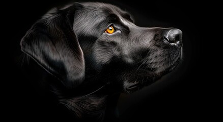 portrait of a black labrador dog, photo studio set up with key light, isolated with black background and copy space - obrazy, fototapety, plakaty