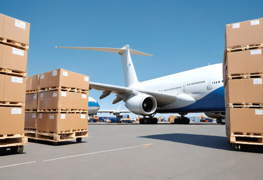 Loading cargo on plane in airport. Delivery by air