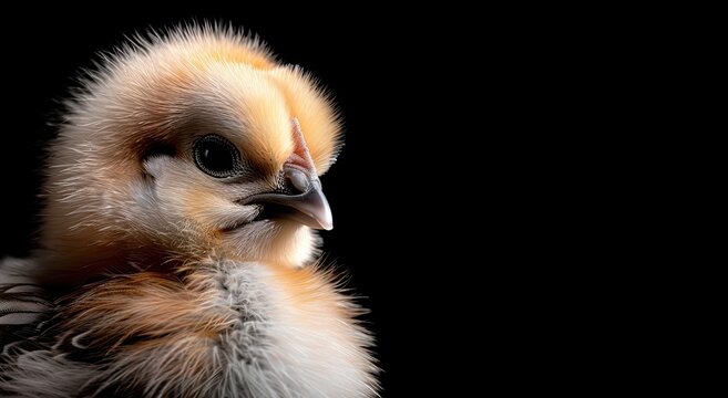 portrait of a chicken, photo studio set up with key light, isolated with black background and copy space 