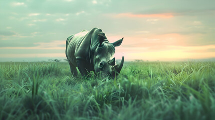 Close-up of a solitary rhino grazing peacefully in the lush green grassland, with a serene horizon...